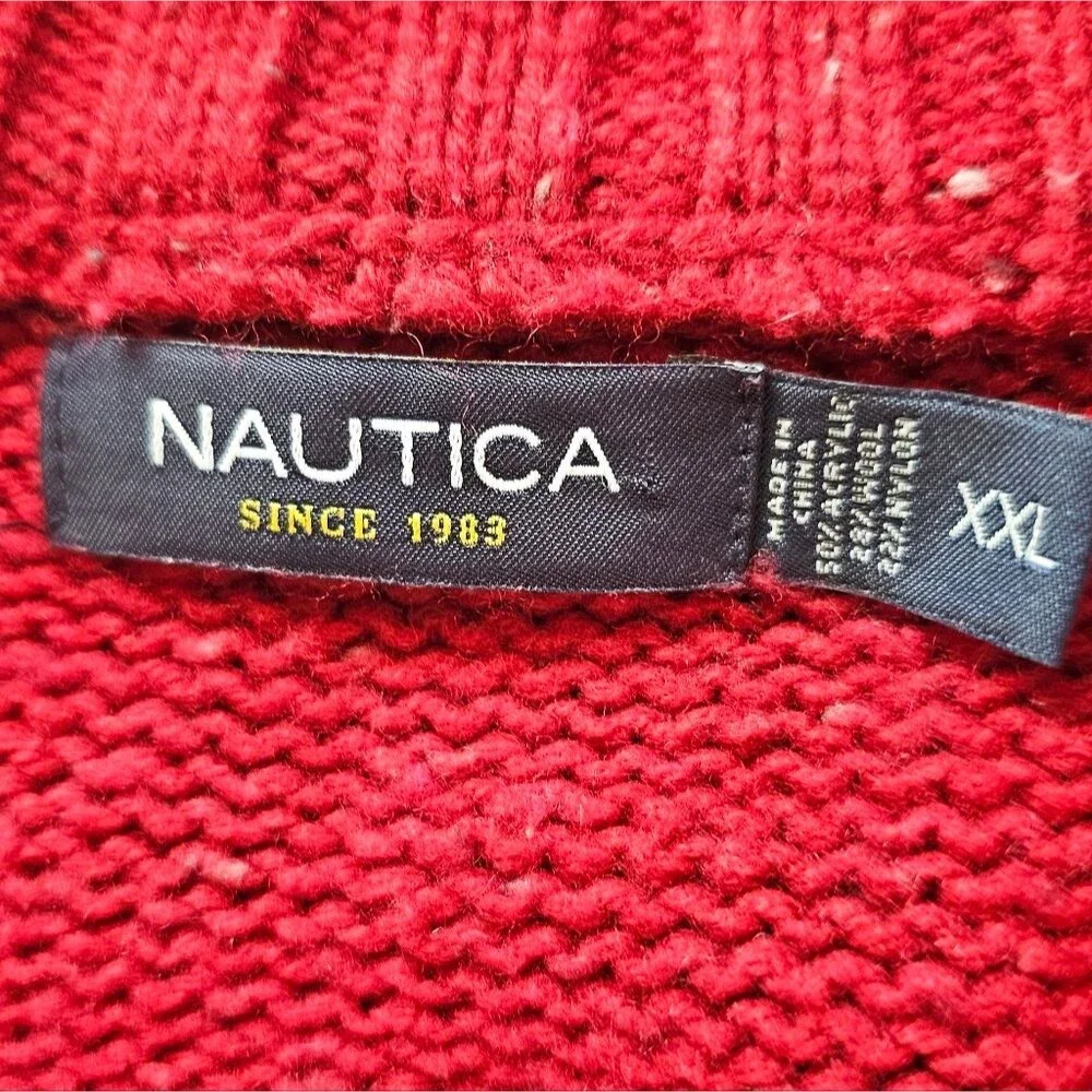 Nautica Red Wool Blend Sweater Men’s XXL Quarter Button Mock Neck Pullover Prep